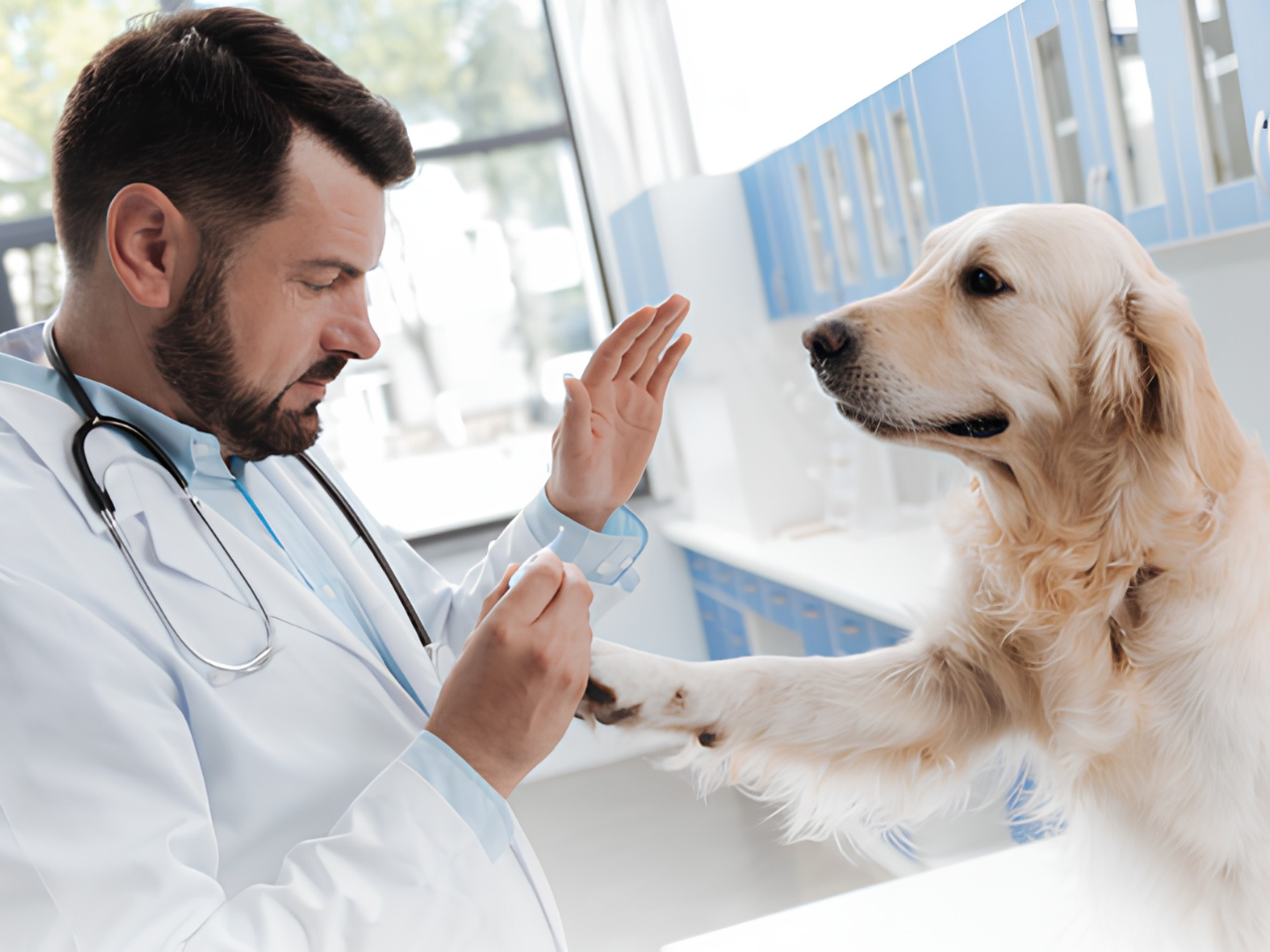 Veterinária examinando animal com carinho